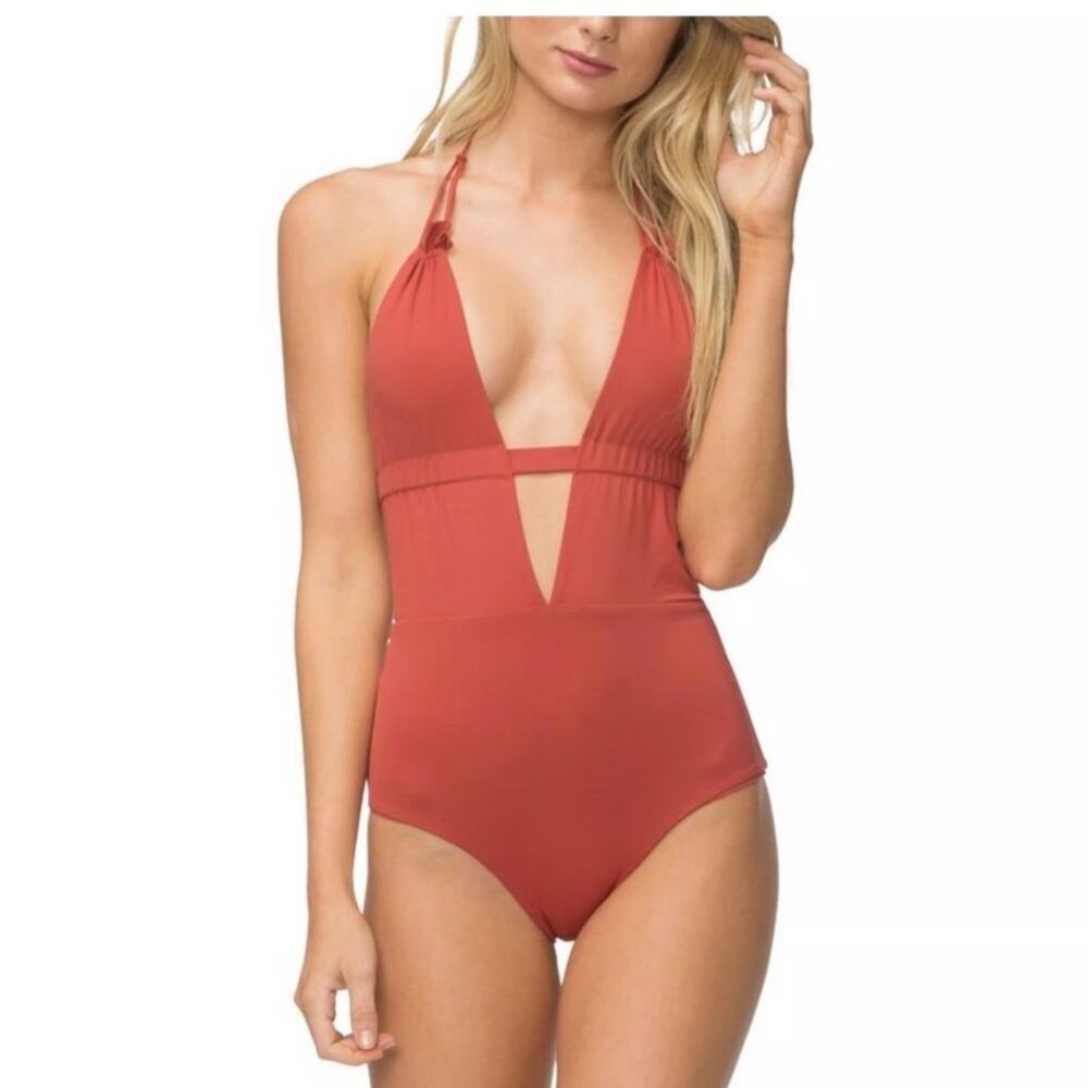 NWT TAVIK Emme Plunge Halter One-Piece Swimsuit Rust Red Size Small